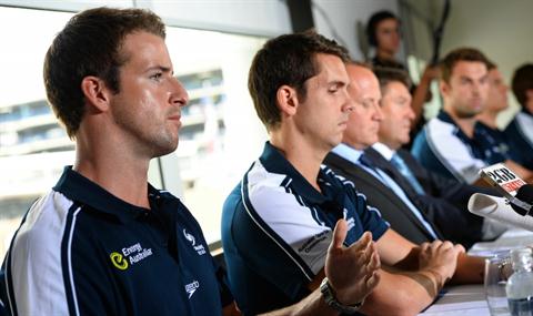 Australian swimmer James Magnussen (L) Eamon Sullivan (2/L) and members of Australia's much-hyped men's Olympic swim relay team speak at a press conference in Sydney on February 22, 2013. AFP PHOTO/William WEST